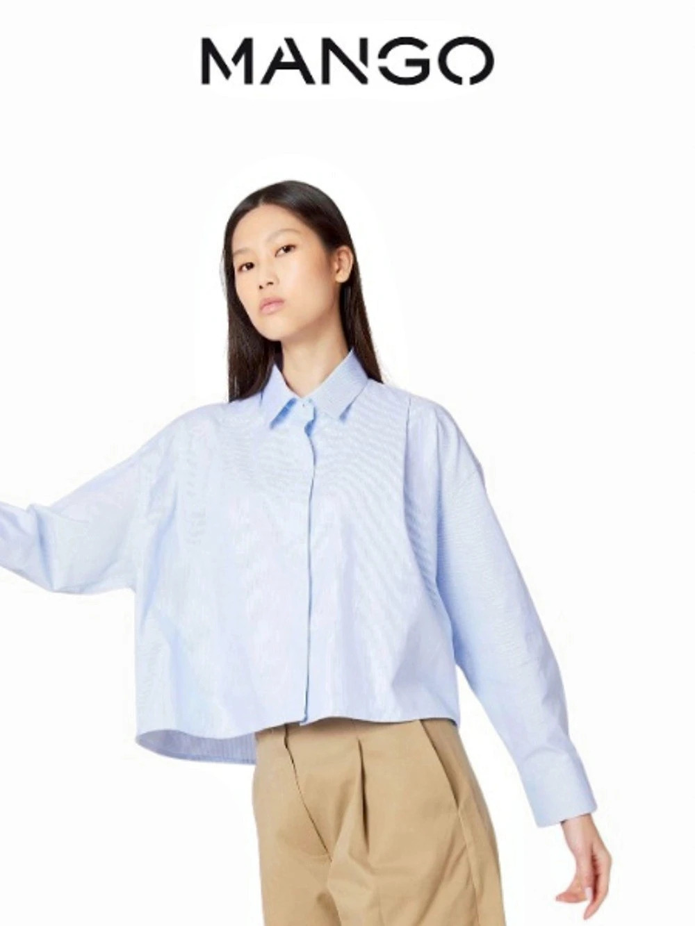 Mango Cropped Poplin Shirt Blue